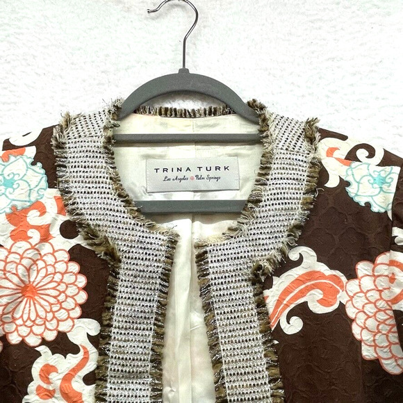 Trina Turk Jacket Womens 8 Brown Orange Floral Blazer Wool Open Lined Career - Picture 3 of 11